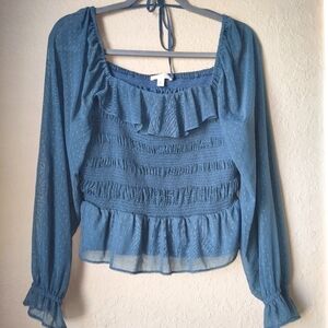 Lauren Conrad Smocked Peplum-Hem Top in Rendez Blue size XL